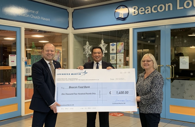 Local MP Alan Mak was present for the handover of the £1400 cheque to the Beacon foodbank