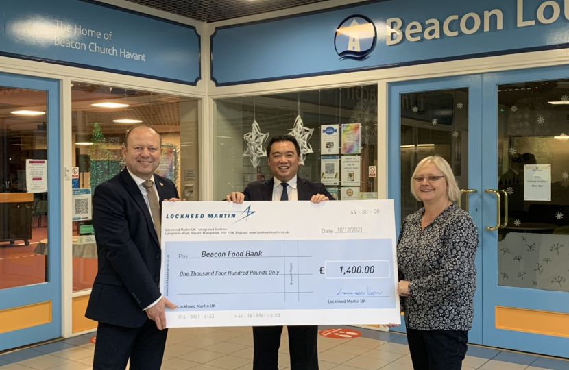 Local MP Alan Mak was present for the handover of the £1400 cheque to the Beacon foodbank