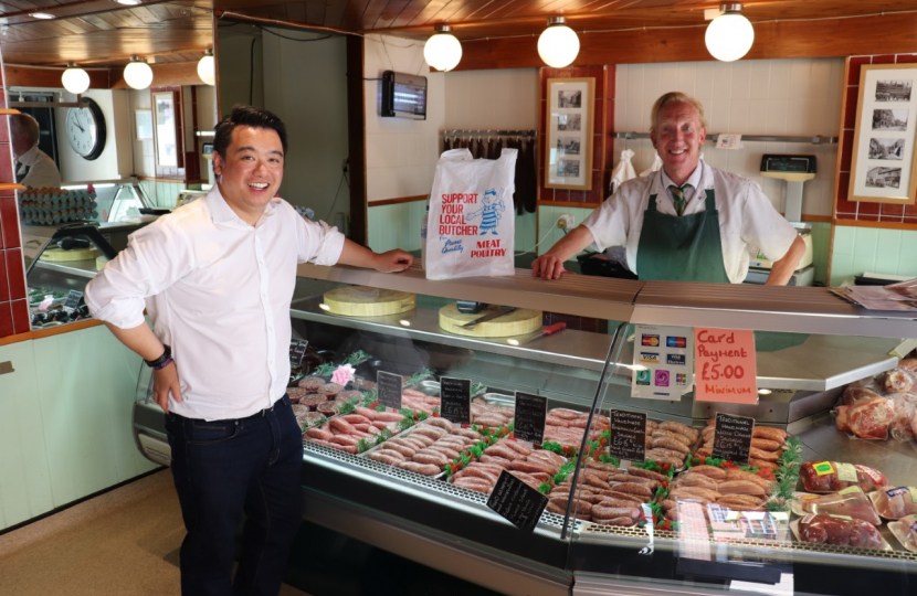 Alan Mak visiting CJ Meats in West Street, Havant – part of the Havant Town Centre area which will benefit from Government-funded support.