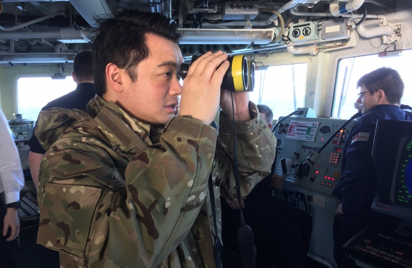 Local MP Alan Mak assists with the watch on the Bridge of HMS Monmouth