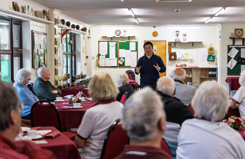 Local MP Alan Mak visits Purbrook Heath Bowls Club to listen to members and present prizes