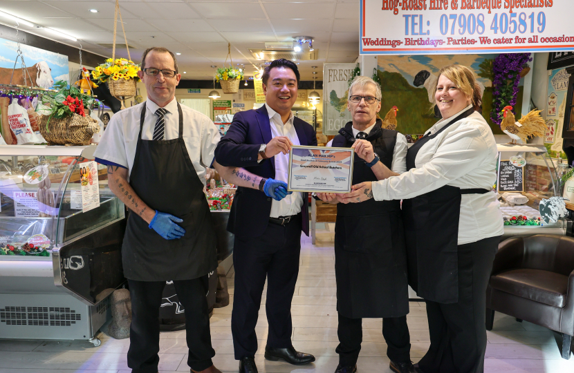 Local MP Alan Mak visits Greywell Old School Butchers in Leigh Park butchers for Small Business Saturday and urges people to support independent traders 