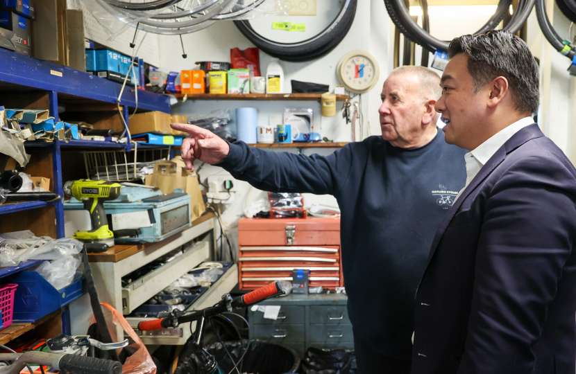 Local MP Alan Mak visits Hayling Cycles bike shop for Small Business Saturday and urges people to support independent traders 