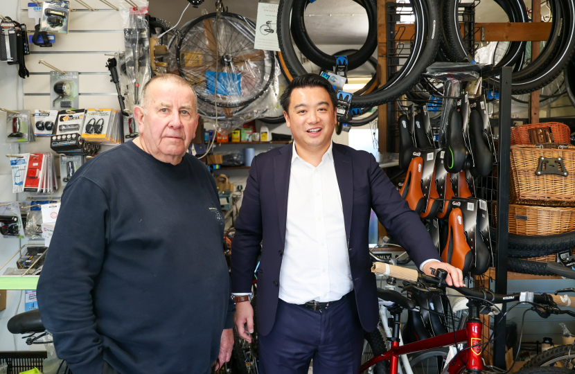 Local MP Alan Mak visits Hayling Cycles bike shop for Small Business Saturday and urges people to support independent traders 