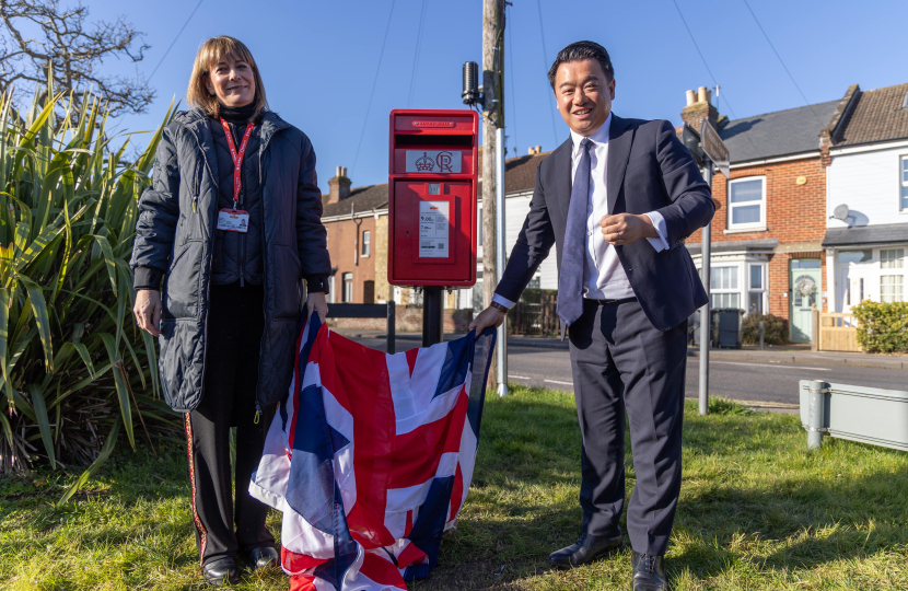 Local MP Alan Mak unveils new Stoke post box on Hayling Island after leading campaign to get it reinstated