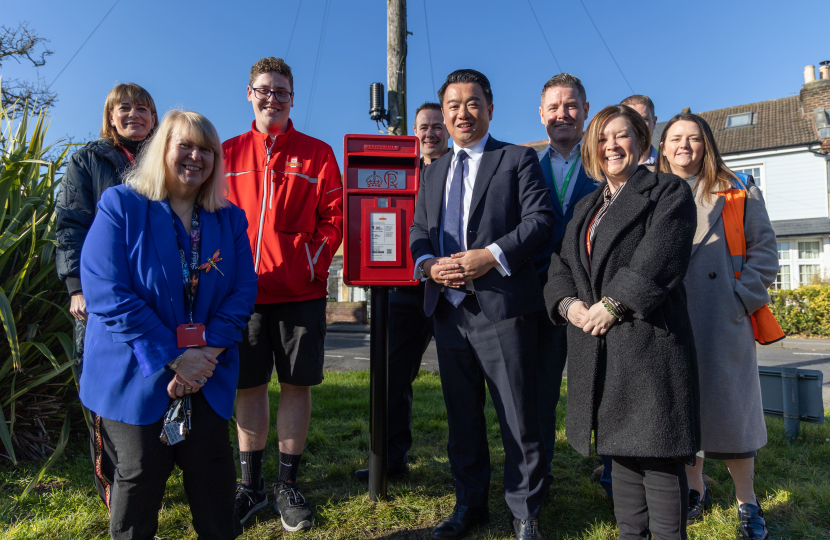 Local MP Alan Mak unveils new Stoke post box on Hayling Island after leading campaign to get it reinstated