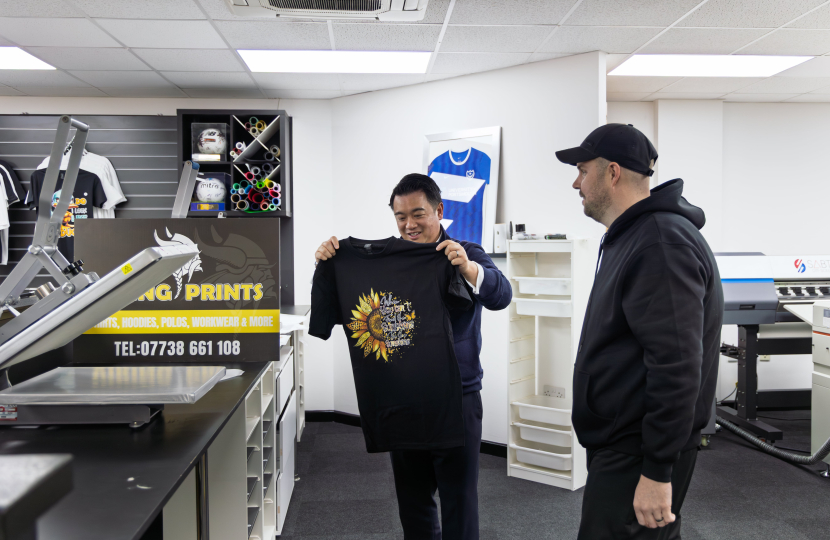 Local MP Alan Mak visits Viking Prints in Leigh Park for Small Business Saturday and urges people to support independent traders