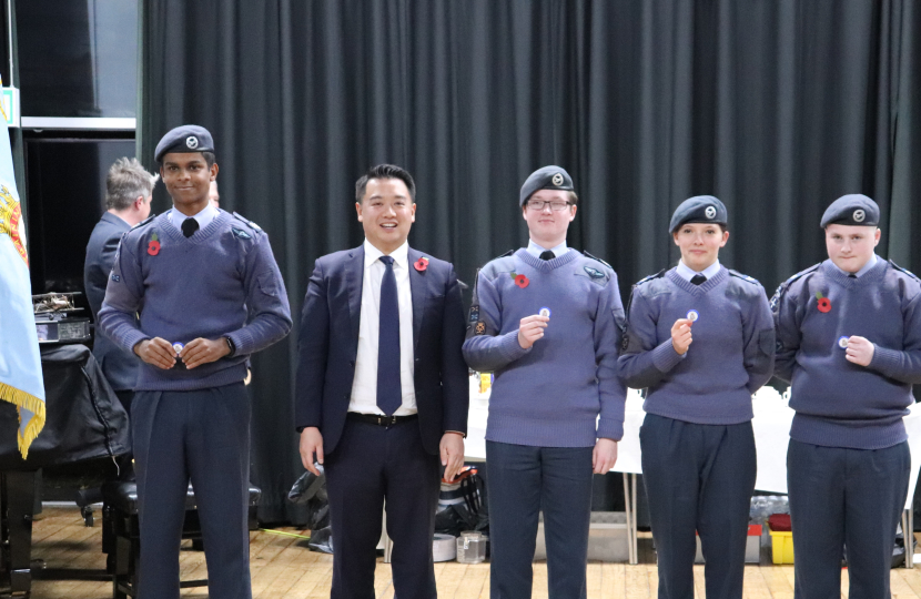 Local MP Alan Mak presents commemorative coins to RAF air cadets at 2327 (Havant) Squadron after they win prestigious national prize