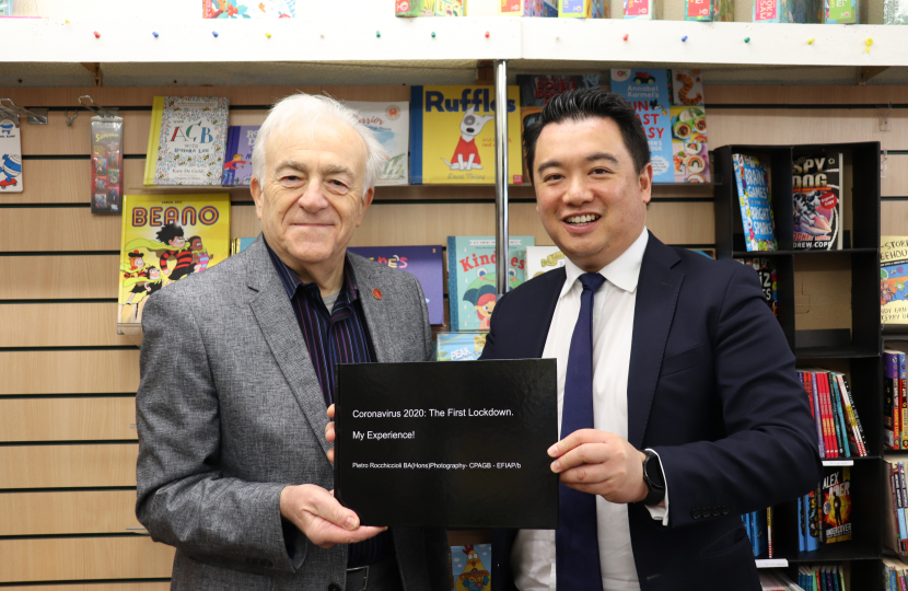 Local MP Alan Mak met with Pietro Rocchiccioli at the Hayling Island Bookshop to purchase a copy of his new picture-book.