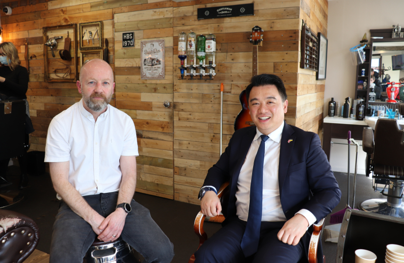 Local MP Alan Mak met with Mark Griffiths at The Hayling Barber Shop 