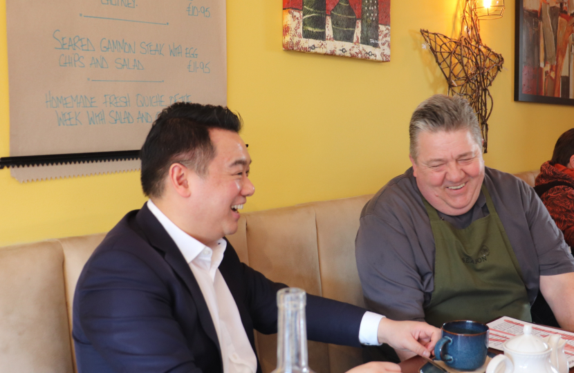 Local MP Alan Mak has lunch at Mike's Kitchen on Hayling Island and praises local small businesses for English Tourism Week