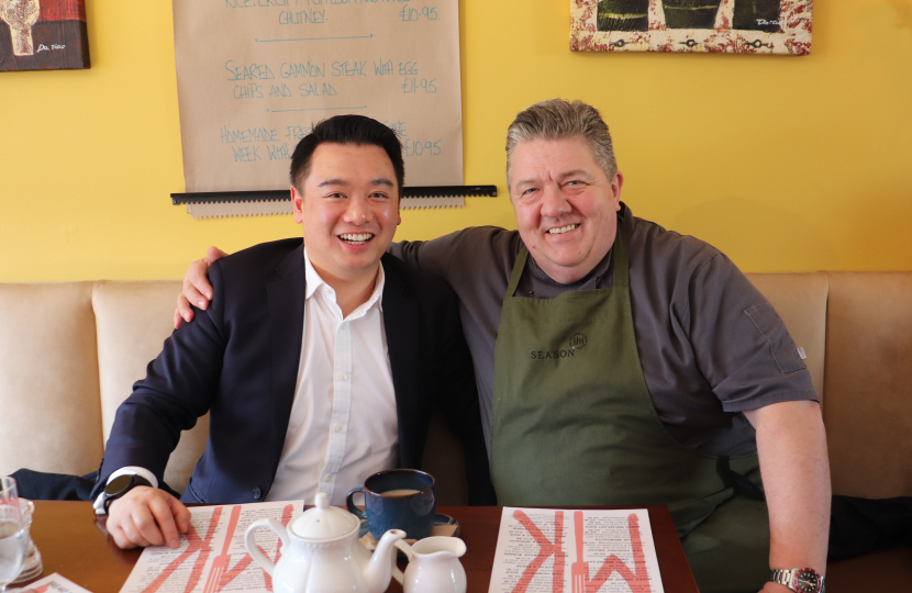 Local MP Alan Mak has lunch at Mike's Kitchen on Hayling Island and praises local small businesses for English Tourism Week