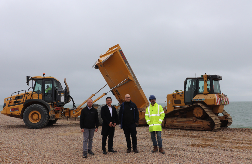 Local MP Alan Mak visits Eastoke on Hayling Island to see Government-funded flood defence work in action