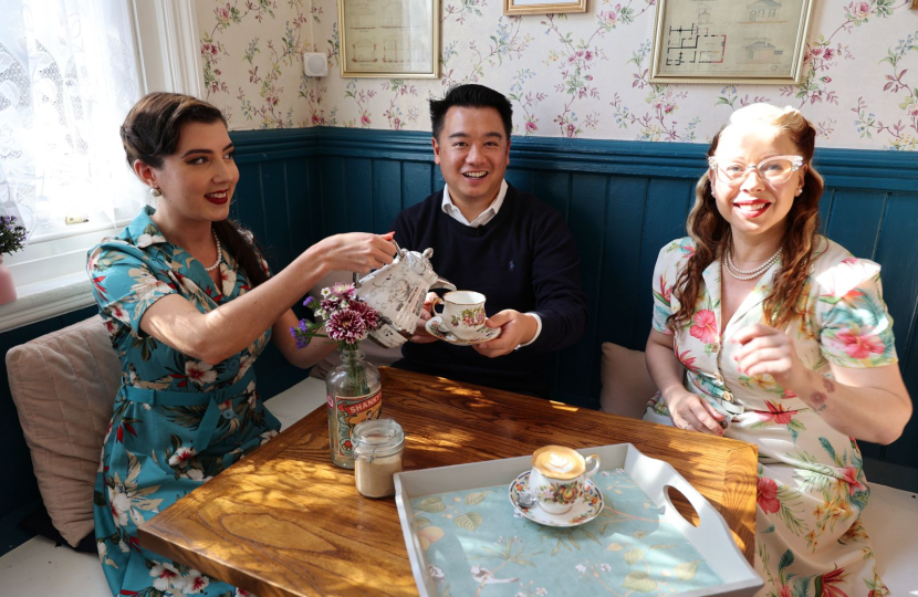 Local MP Alan Mak visits Queenie's Vintage Tea Room in Emsworth for Small Business Saturday and urges people to support independent traders 