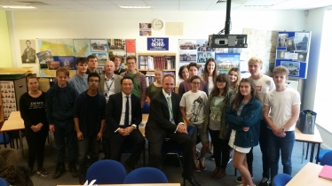 Alan Mak and Gavin Barwell with the Year 13 politics students from Havant Sixth Form College