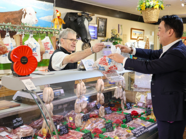 Local MP Alan Mak visits Greywell Old School Butchers in Leigh Park butchers for Small Business Saturday and urges people to support independent traders 