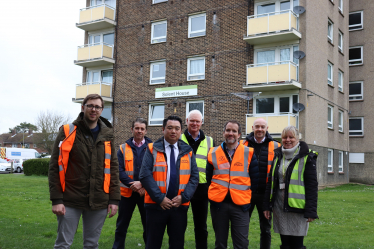 Local MP Alan Mak met with representatives from the Guinness Group, and Havant Borough Councillor for Bondfields Alex Rennie, to inspect the new sprinkler system and other fire safety measures